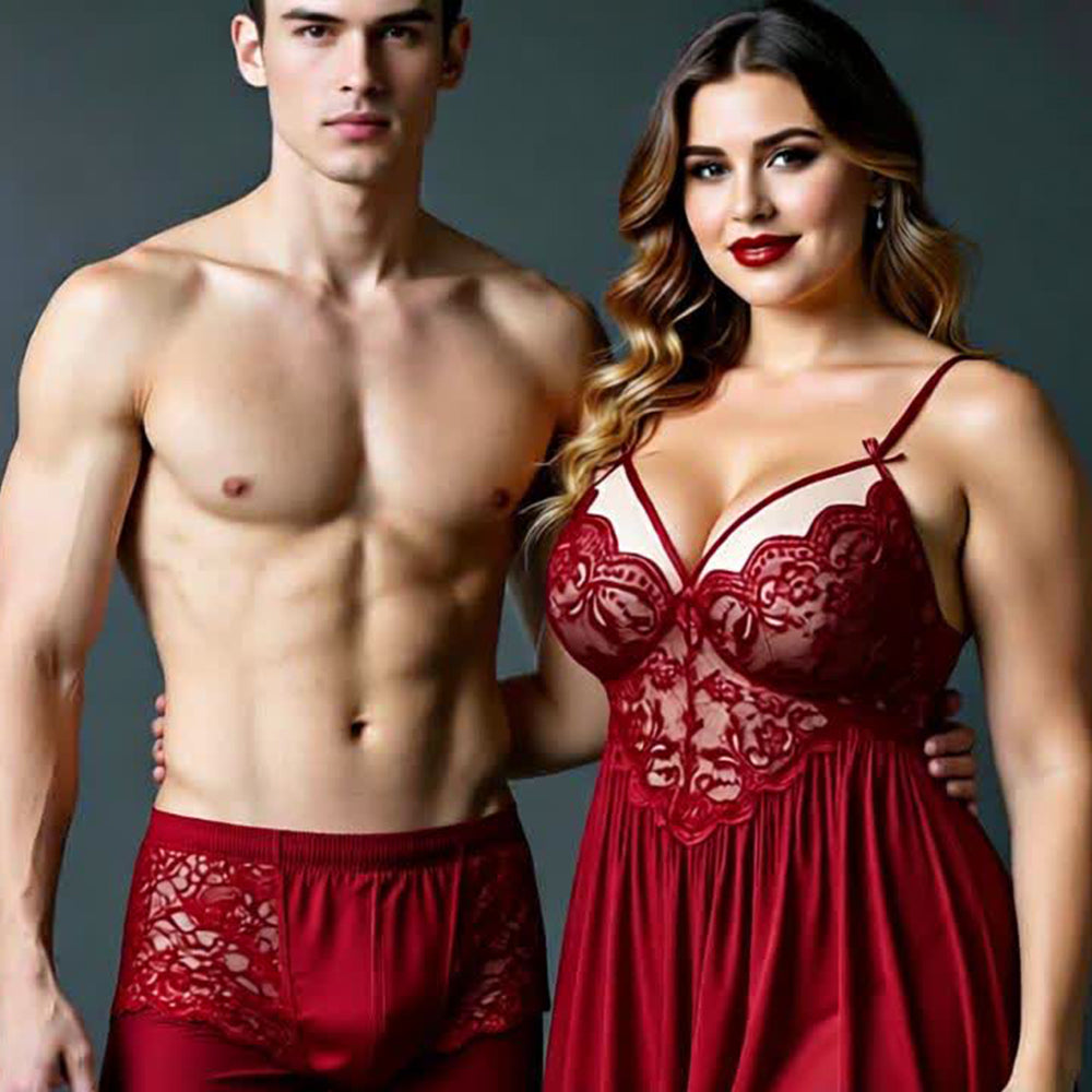Set OF 4 - Honeymoon Satin Babydoll Lingerie Nightwear Dress For Couples