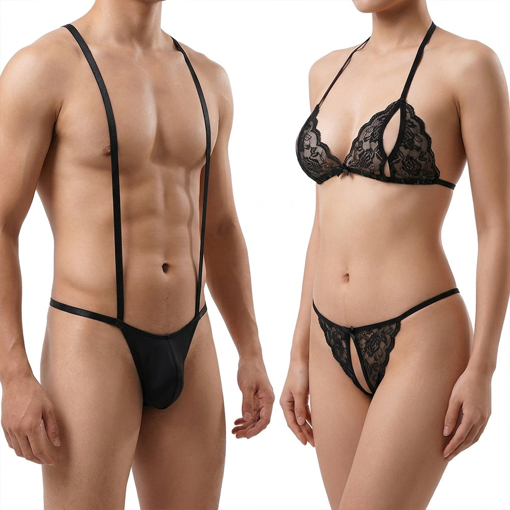 BoldPair Couple Lingerie Set, Women’s Lace Bra Panty Set with Men’s Strap Monokini