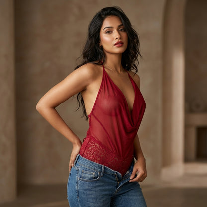 Midnight transparent Bloom Sheer Lace Bodysuit