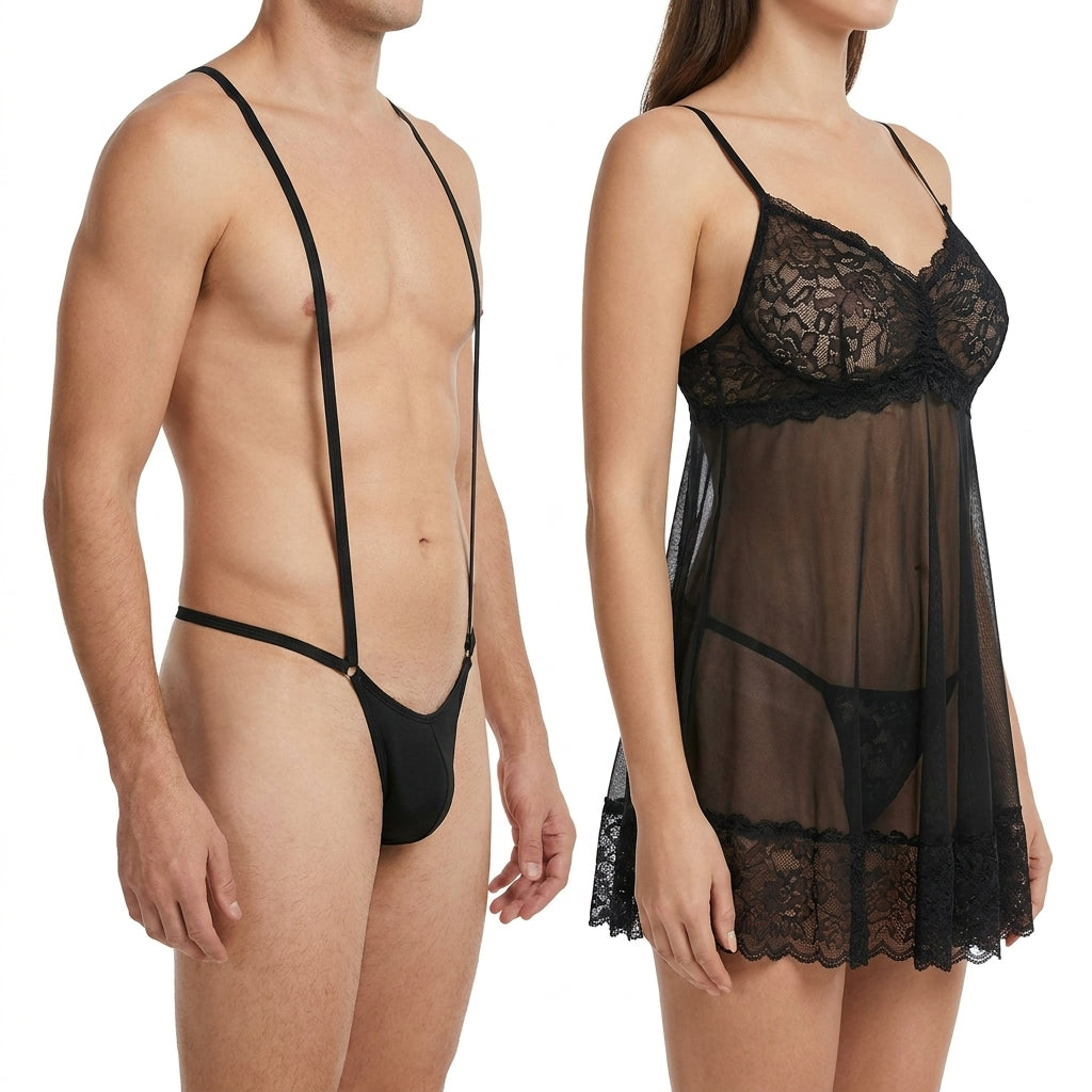 Sleek Black Men’s Monokini Brief & Lace Babydoll Lingerie Set