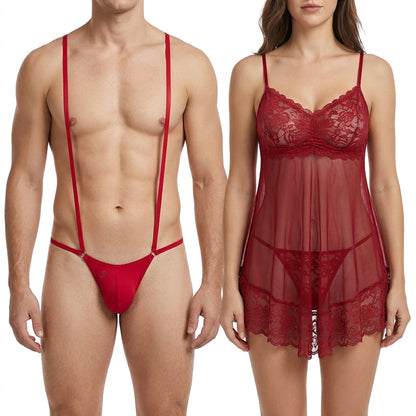 Sleek Black Men’s Monokini Brief & Lace Babydoll Lingerie Set