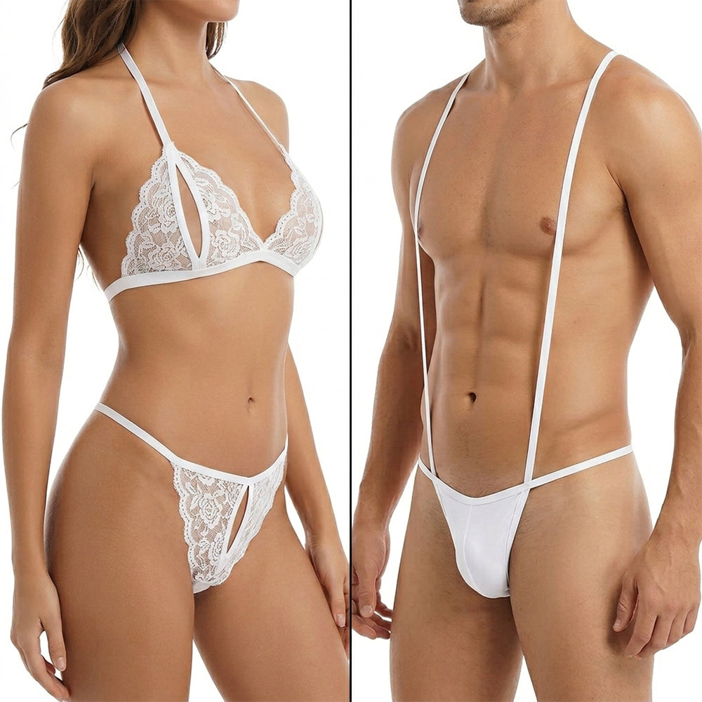 BoldPair Couple Lingerie Set, Women’s Lace Bra Panty Set with Men’s Strap Monokini
